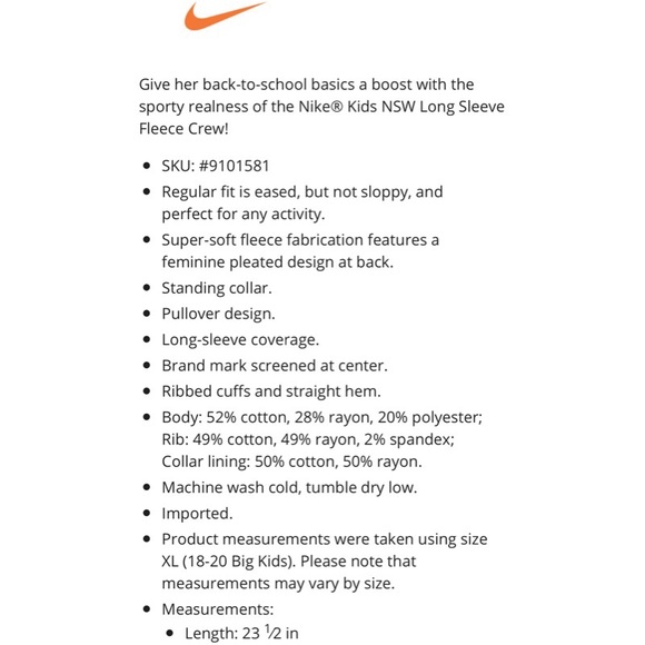 NIKE | Girls NSW Long Sleeve Fleece Crew - Picture 8 of 8